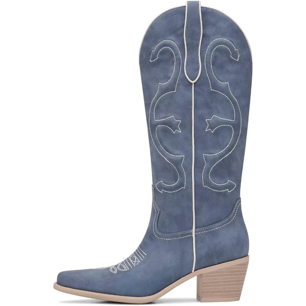 ⚡Women's Blue Mid Calf Chunky Heel Pointed Toe Cowgirl Boot Fashion Embroidery - Picture 2 of 6